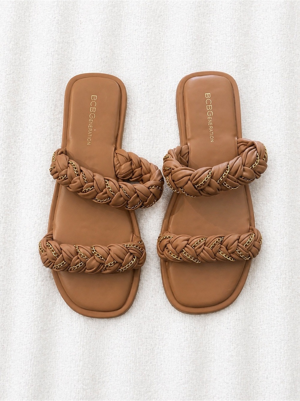 BCBGeneration Braided Slide Sandals in Tan with Gold Chain Detail